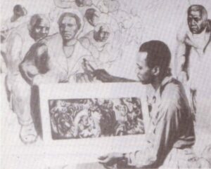 Charles White at work On the mural "Five Great American Negroes."