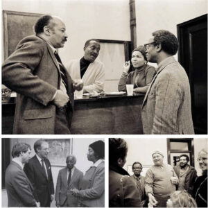Top: Felrath Hines, Norman and Ouida Lewis, Ernest Crichlow at Cinque Gallery, c. 1970−73. © ChesterHiggins/chesterhiggins.com Left: Ernest Crichlow, Ruth Jett with Cinque Gallery friends, c. 1990s Right: Ernest Crichlow, Romare Bearden, Herbert Gentry and family at Cinque Gallery, c. 1970−73. © ChesterHiggins/chesterhiggins.com