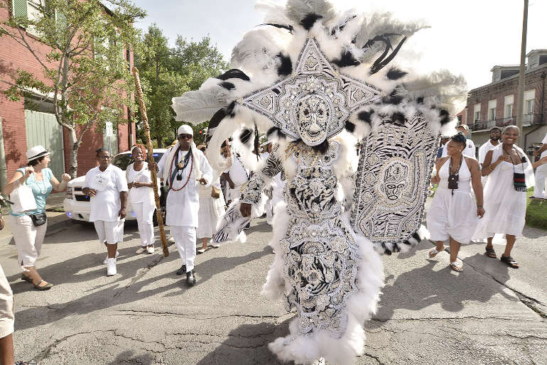 A traditional march takes place during MAAFA led by Big Chief of the spirit of the Fi Yi Yi - Victor Harris - in New Orleans at a MAAFA ceremony. Organized by the Ashé Cutural Arts Center
