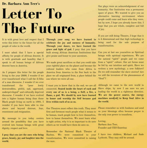 An audiovisual sound collage of Dr. Barbara Ann Teer’s “Letter to the Future”