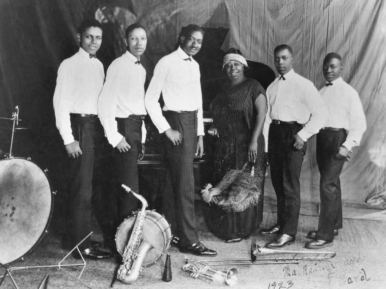 (Left to right, per Getty Image crediting): Ed Pollack, Albert Wynn, Thomas A. Dorsey, Ma Rainey, Dave Nelson, and Gabriel Washington in 1923