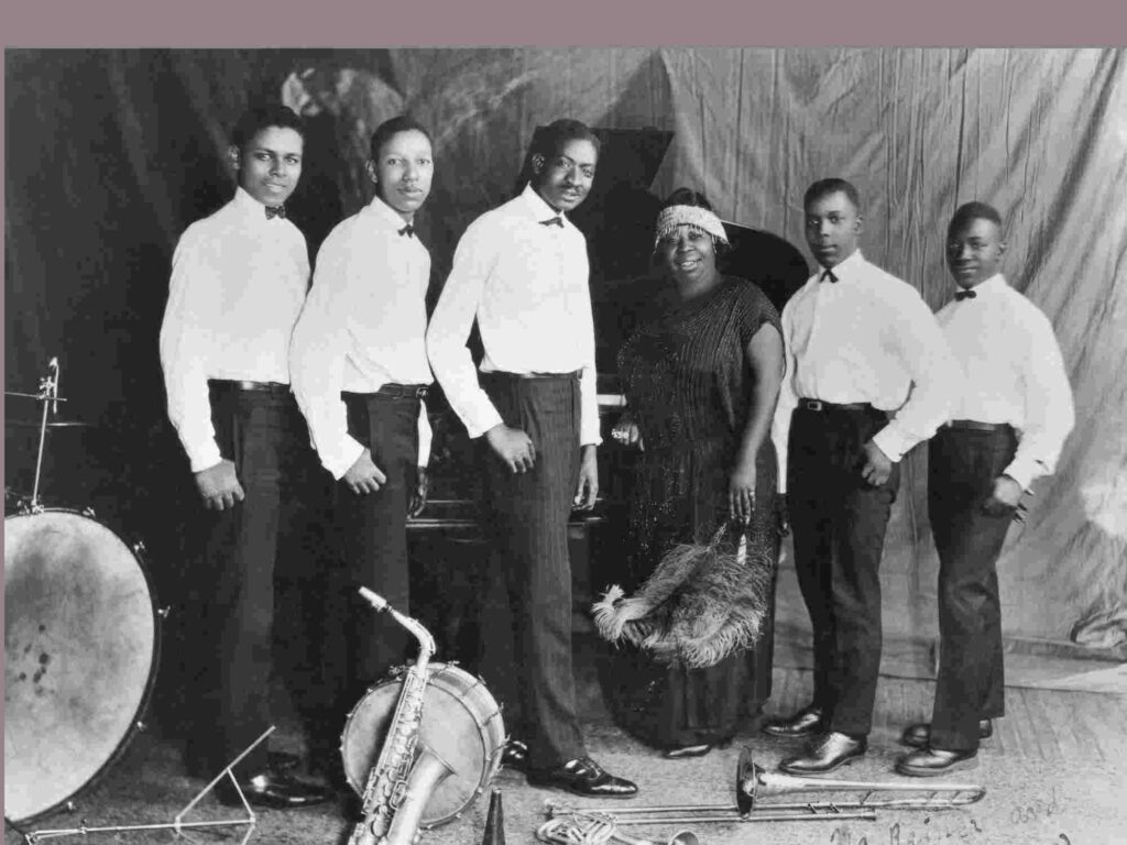 (Left to right, per Getty Image crediting): Ed Pollack, Albert Wynn, Thomas A. Dorsey, Ma Rainey, Dave Nelson, and Gabriel Washington in 1923