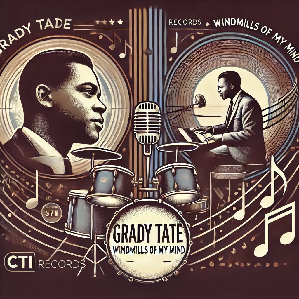 Grady Tate -- A sleek and artistic tribute graphic for jazz drummer and vocalist Grady Tate. The design features a split portrait – one side shows Tate behind a drum -- Grady Tate: The Rhythm Driving Jazz, Soul, and Beyond